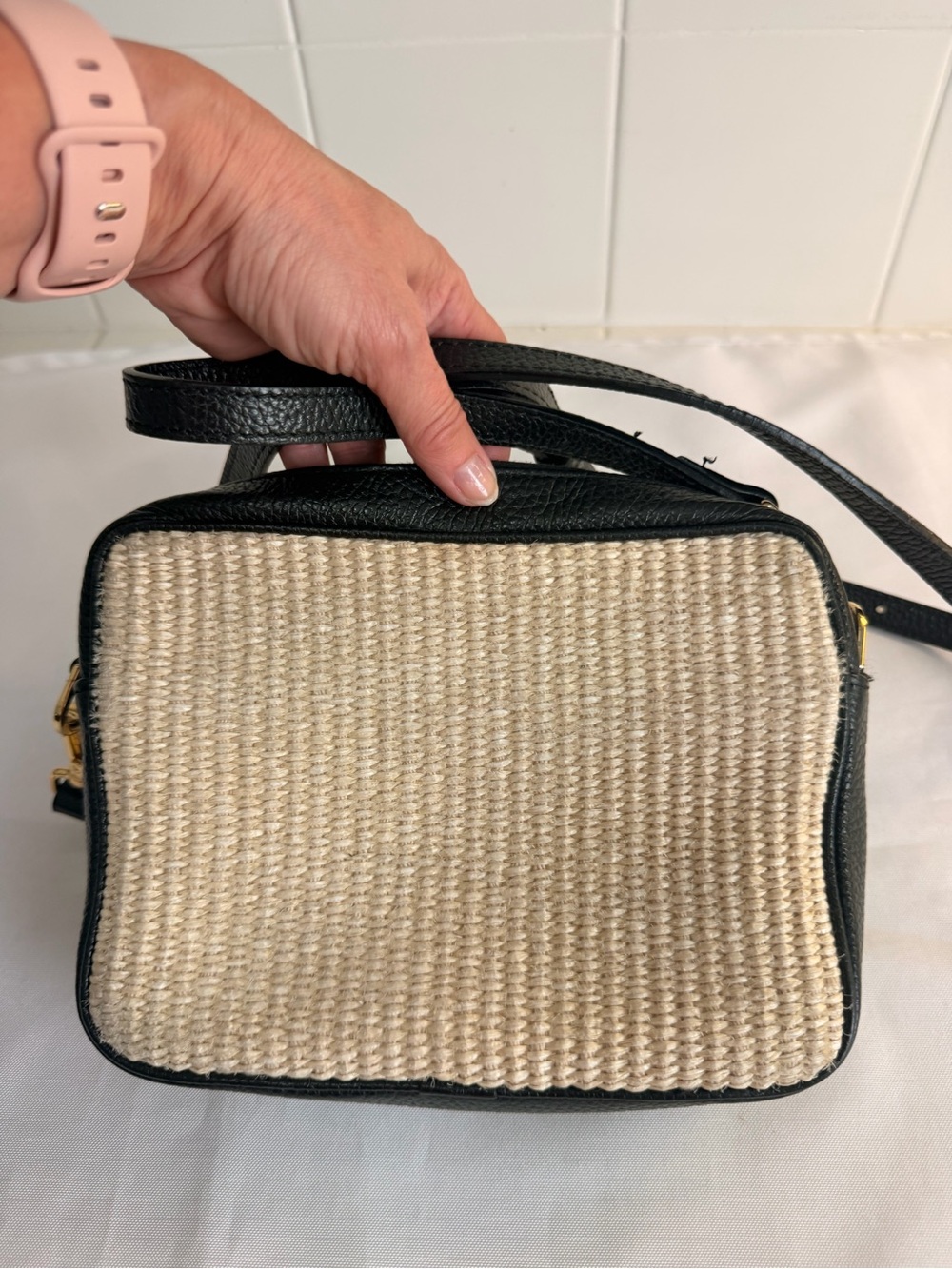 Quince Gemma Raffia and Black Leather Crossbody Bag